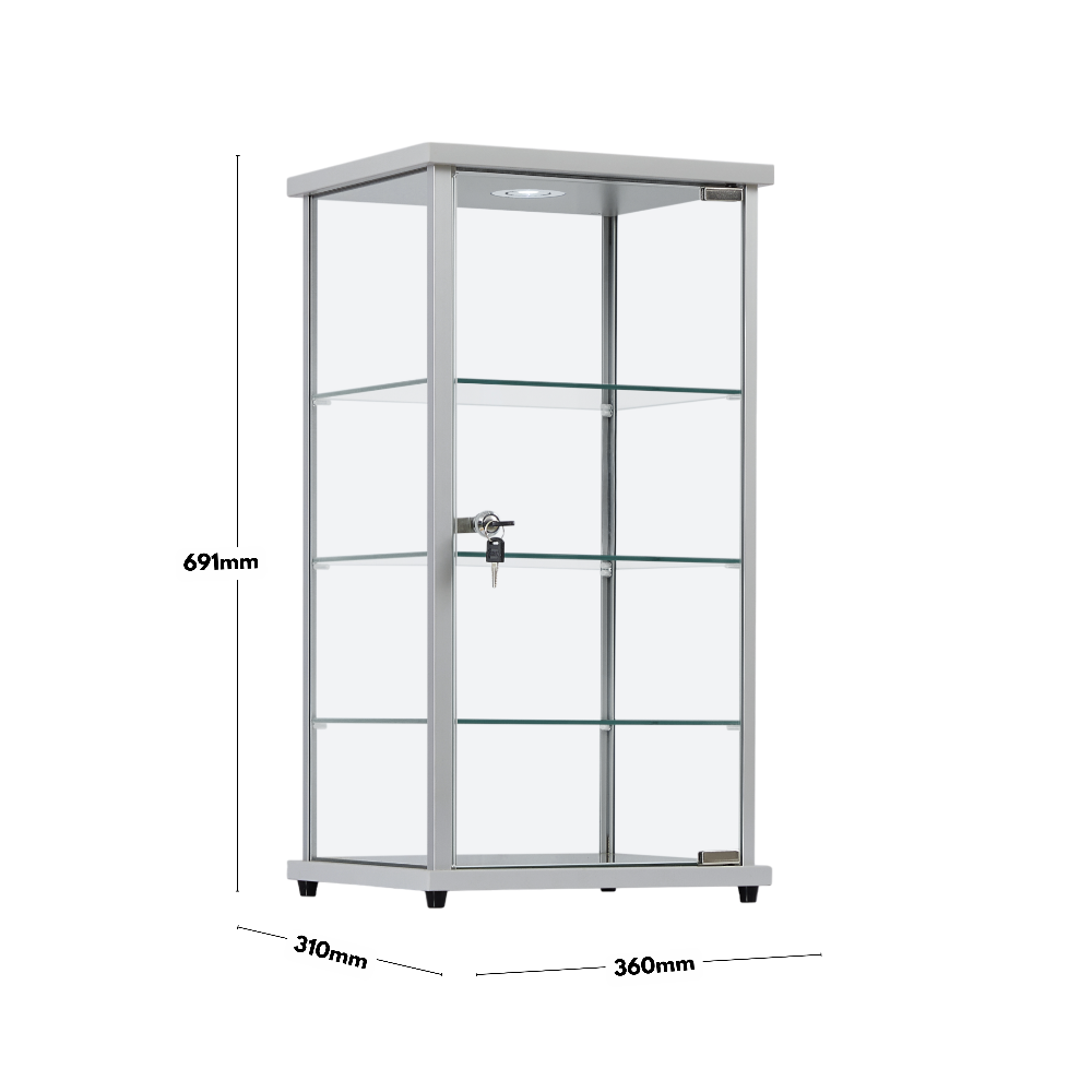 Stylish silver aluminium glass display cabinet with three shelves, lockable doors, and an LED light, perfect for shops and showrooms.
