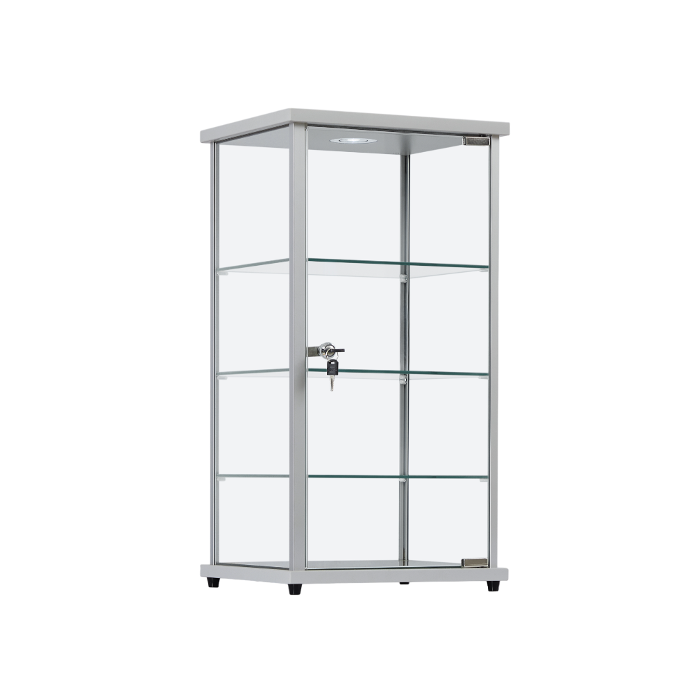 Sleek silver aluminium display cabinet with a secure lock, glass countertop, three shelves, and built-in LED lighting.
