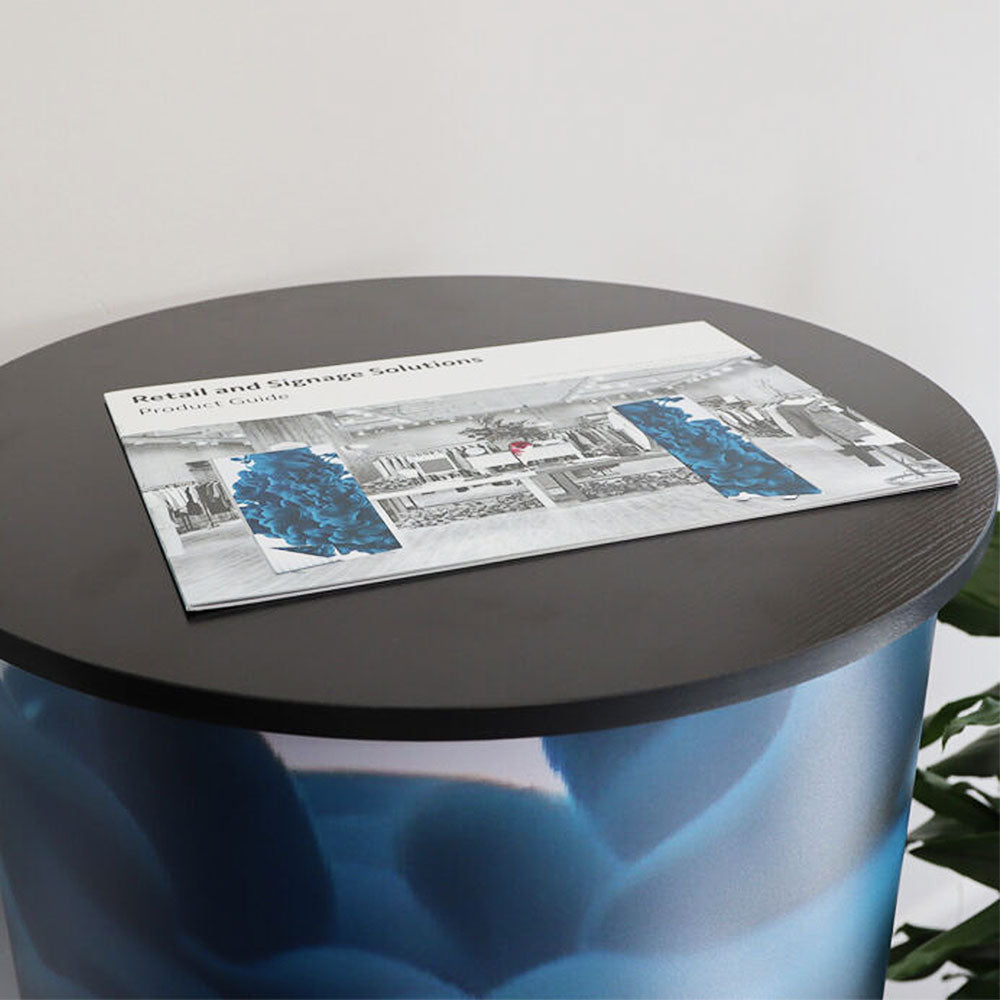 Compact 450mm round promotional counter featuring a reversible wooden top and custom PVC printing for branding.
