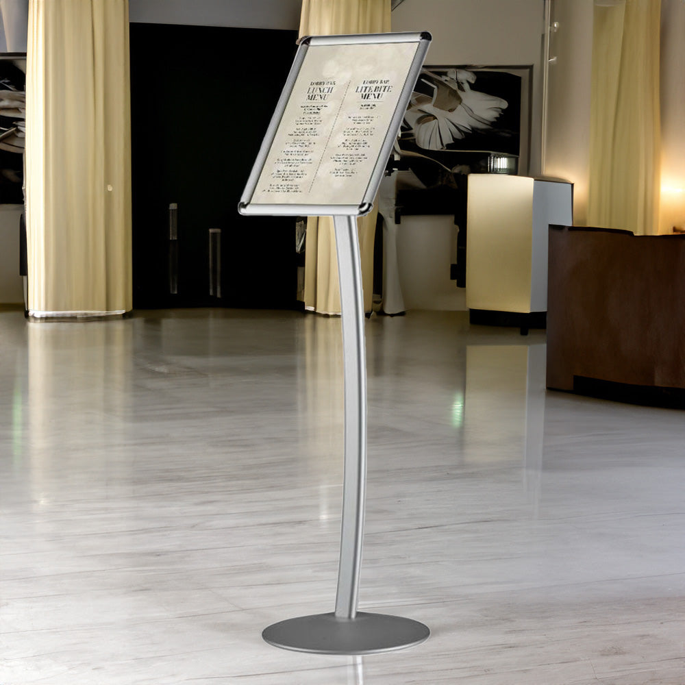 Silver A3 floor-standing curved aluminium snap frame poster display stand, measuring 372mm wide x 1262mm high, perfect for professional signage.
