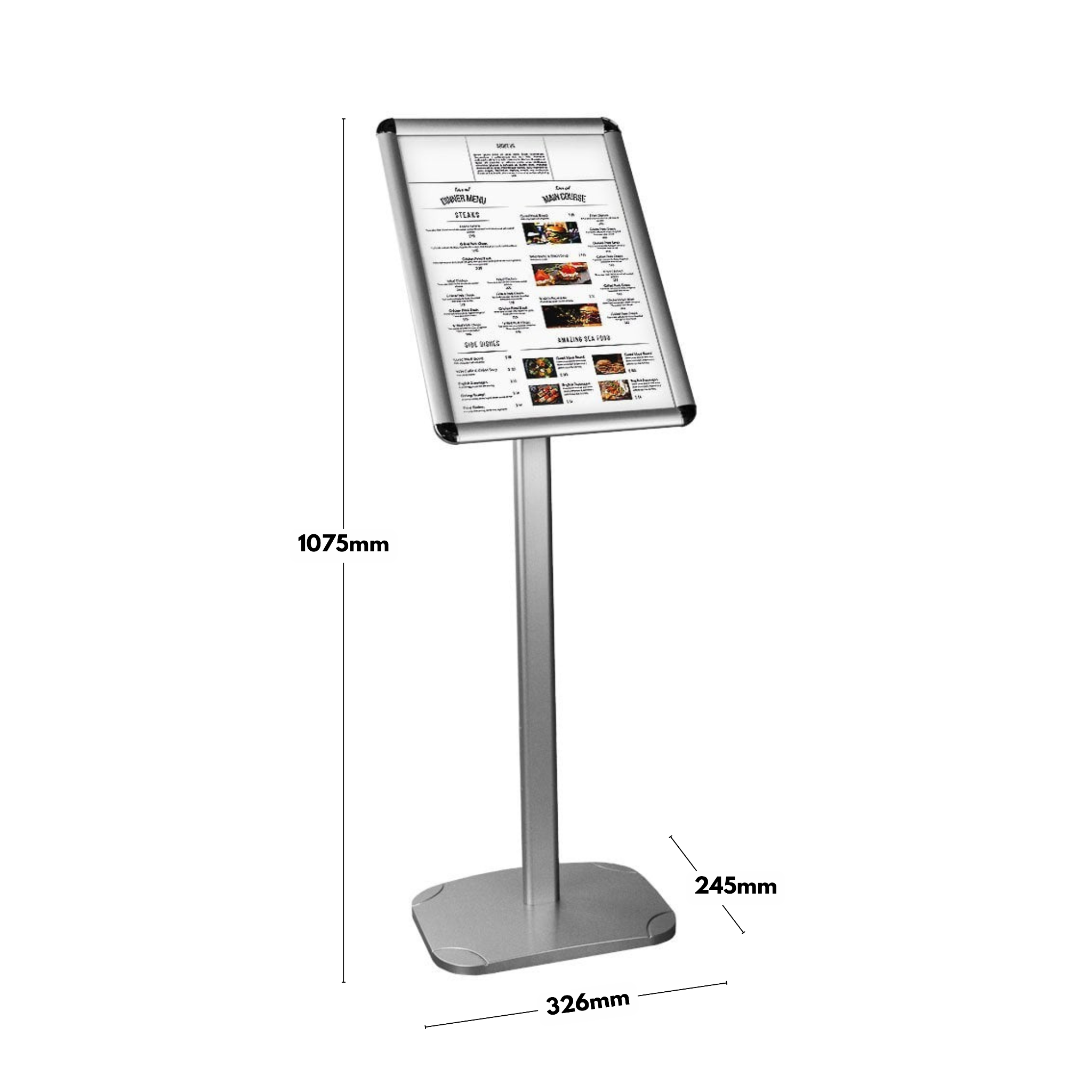 Sleek silver A3 floor-standing snap frame with a 25mm mitred border, allowing adjustable orientation for posters, 1075mm high by 326mm wide.
