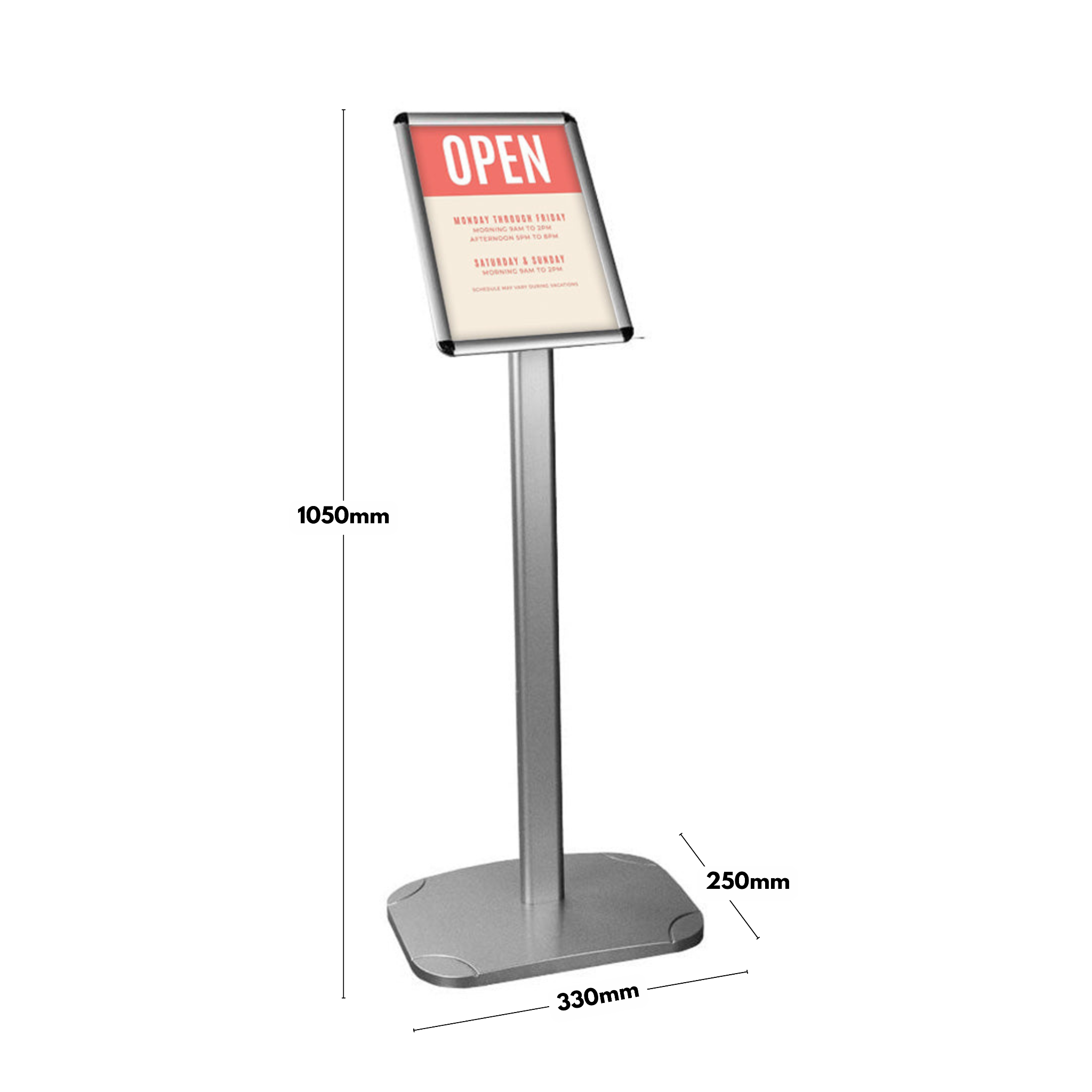 Adjustable silver A4 snap frame poster stand with a sturdy floor-standing design, 25mm mitred frame, and dimensions of 1050mm x 330mm.
