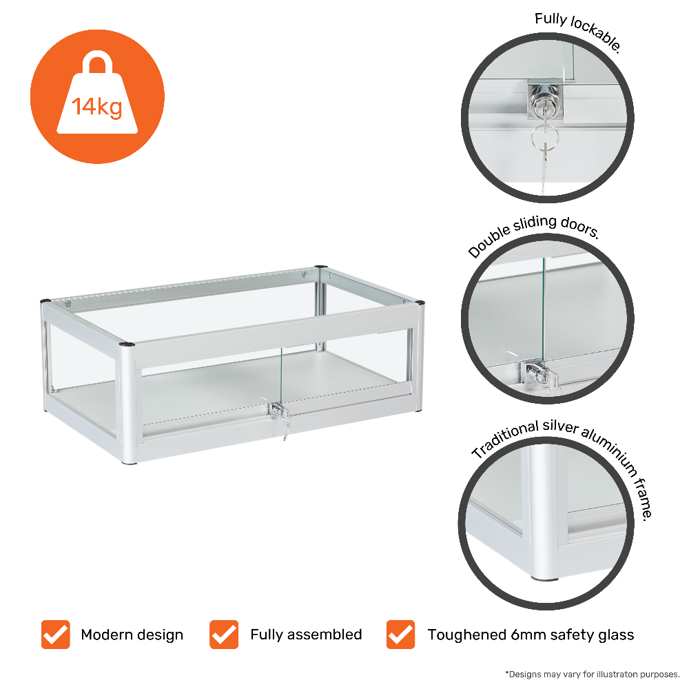 A stylish and durable silver aluminium glass display cabinet with secure sliding doors, designed for countertop use in retail stores, galleries, and trade shows.
