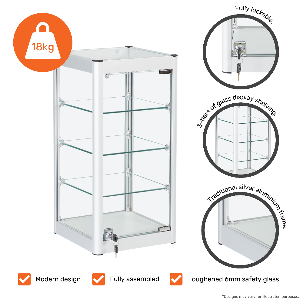 Modern glass countertop display case with a silver aluminium frame and three sturdy shelves for product presentation.
