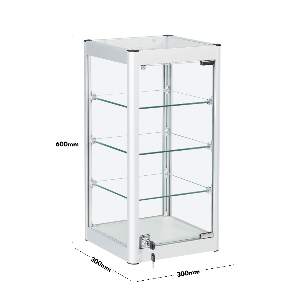 Compact silver aluminium and glass display cabinet with three shelves, designed for secure and stylish showcasing.
