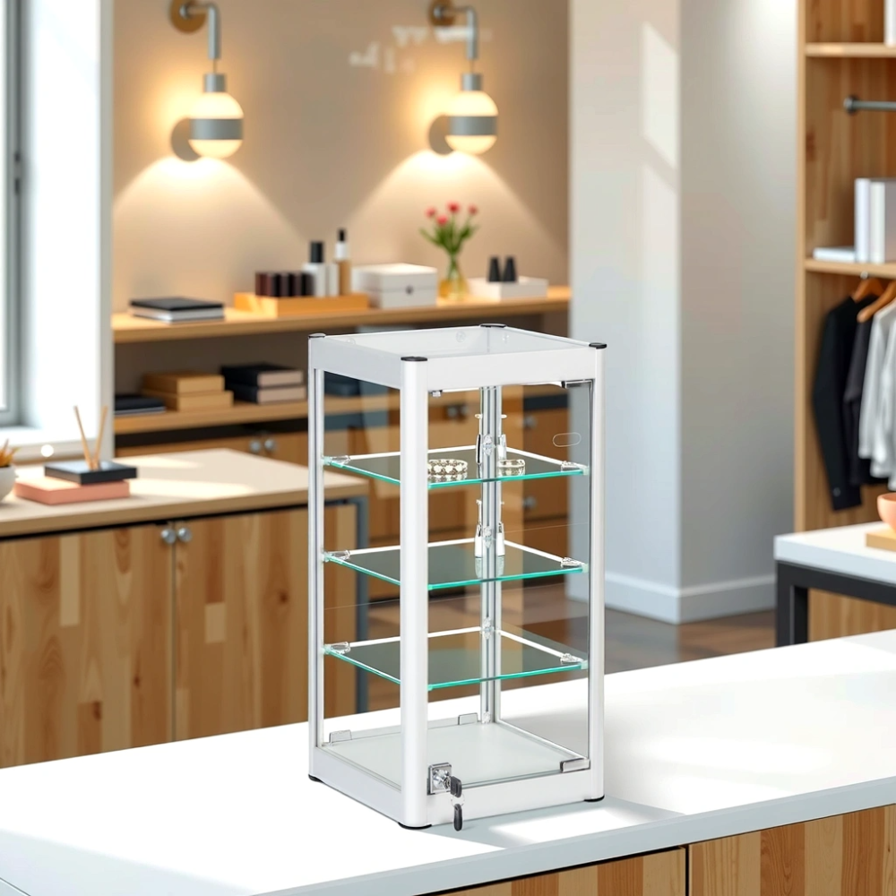 Silver Aluminium Glass Countertop Display Cabinet with 3 Shelves – Stylish and secure showcase featuring a sleek silver aluminium frame, clear glass panels, and three sturdy shelves. Perfect for retail, exhibitions, and countertop product displays. Dimensions: H600mm x W800mm x D300mm