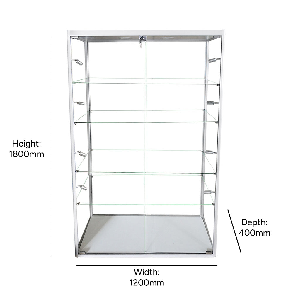 Premium silver aluminium display cabinet with glass doors, lockable design, four adjustable shelves, and ten LED lights, 1800mm H x 1200mm W.