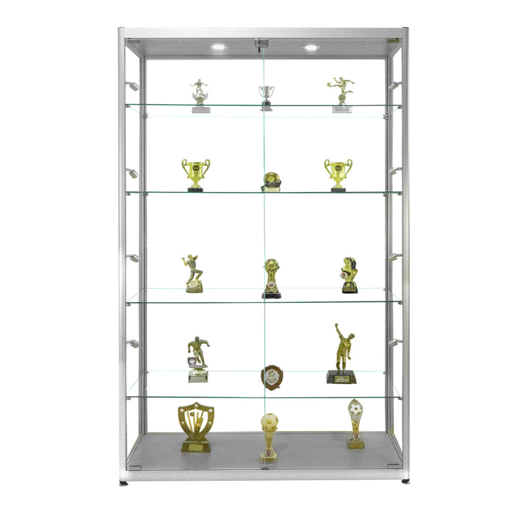 Modern lockable glass display cabinet in silver aluminium, featuring four adjustable shelves and ten LED lights, standing 1800mm high and 1200mm wide.