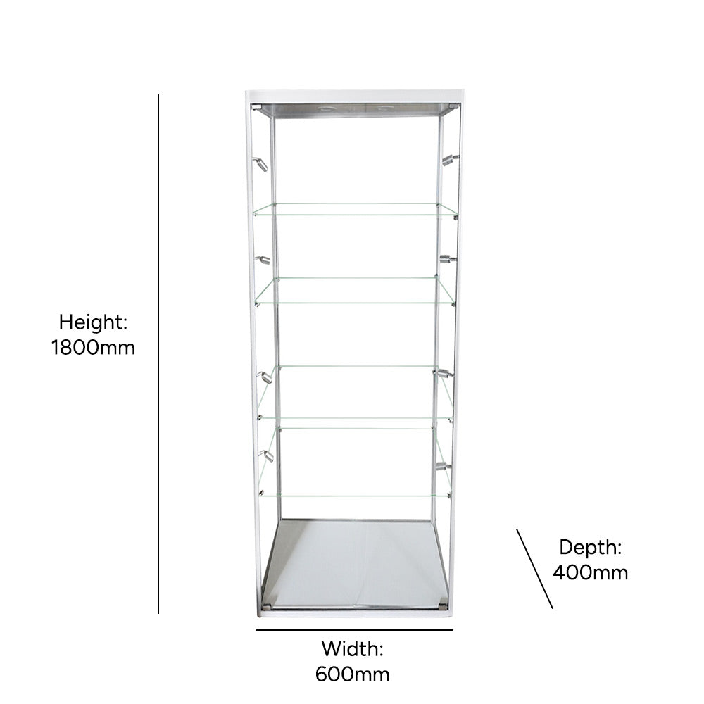 Stylish silver aluminium display cabinet with glass panels, lockable doors, four adjustable shelves, and ten LED lights, measuring 1800mm high by 600mm wide.