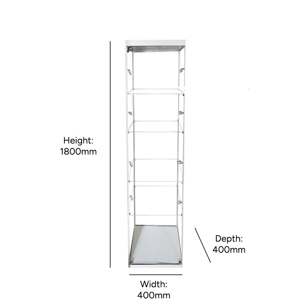 Premium silver aluminium display cabinet with glass doors, lockable design, four adjustable shelves, and nine LED lights, 1800mm H x 400mm W.