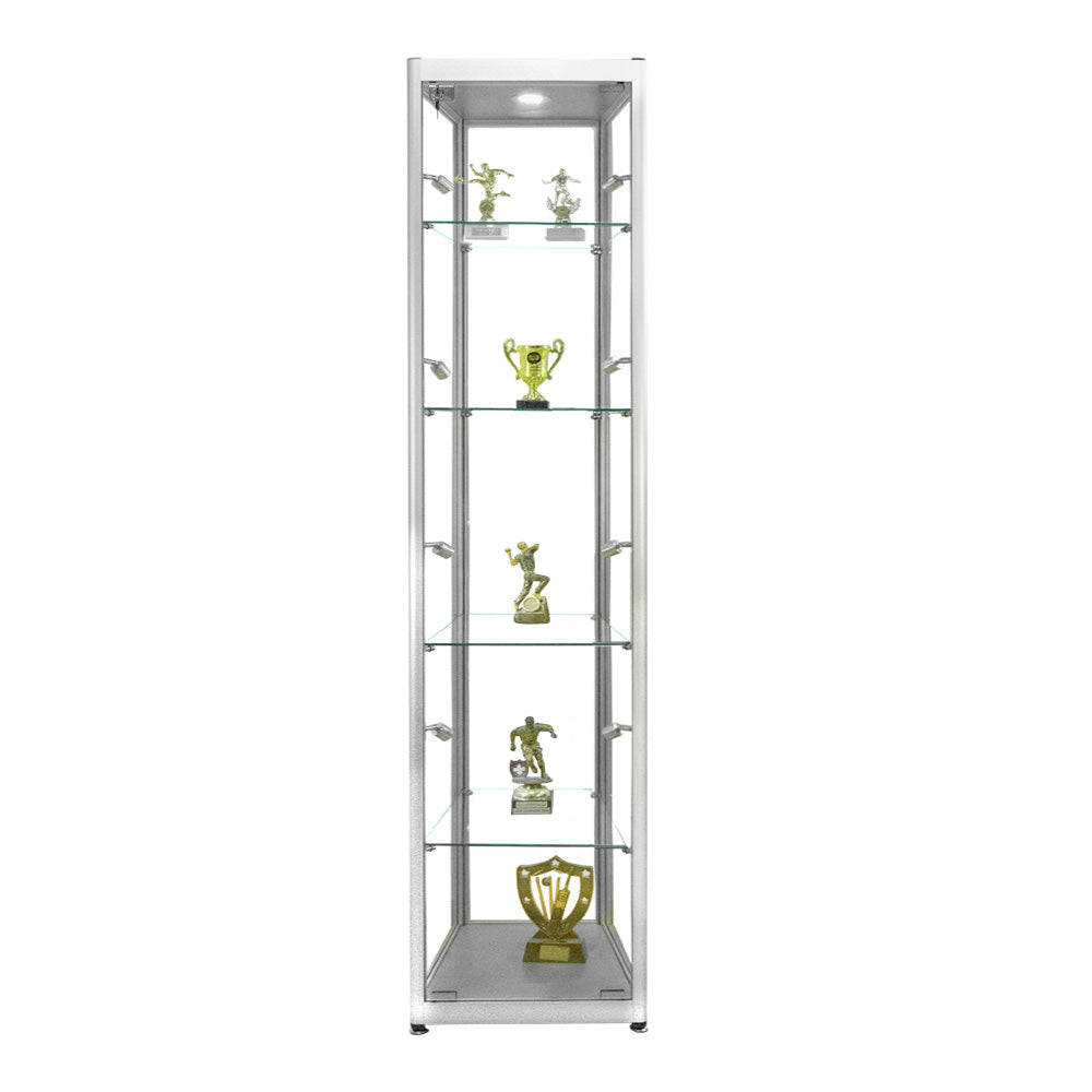 Modern lockable glass display cabinet in silver aluminium, featuring four adjustable shelves and nine LED lights, standing 1800mm high and 400mm wide.