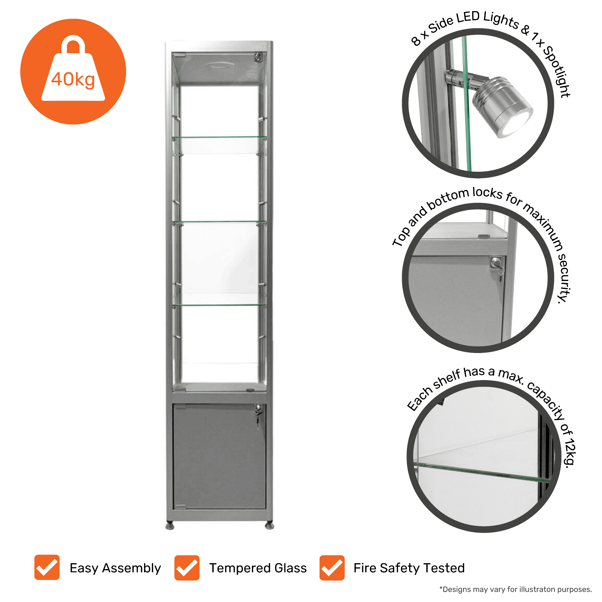 Secure and stylish aluminium glass display storage cabinet with lockable doors, three adjustable shelves, and nine LED lights, 1800mm x 400mm.
