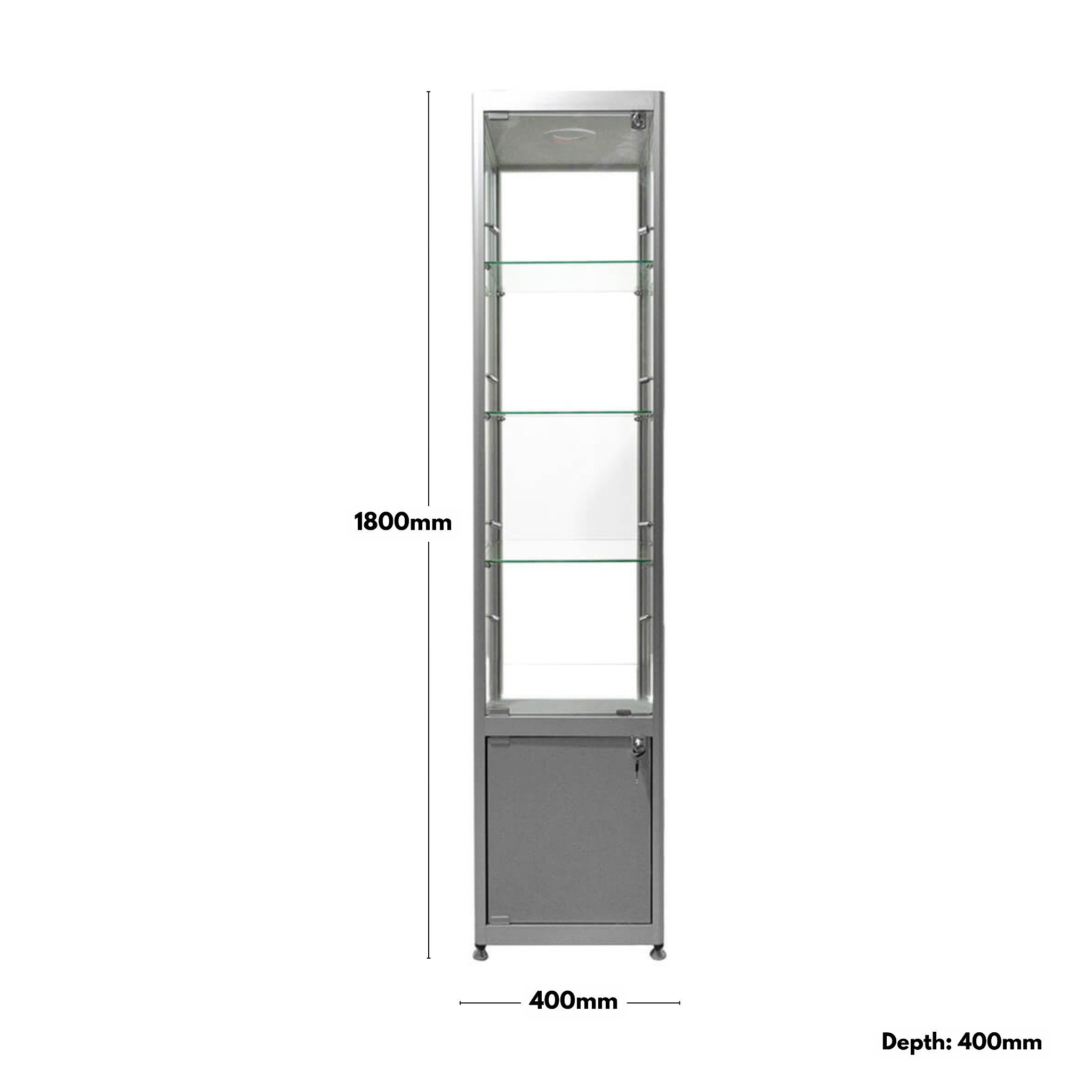 Premium silver aluminium storage display cabinet with lockable glass doors, three adjustable shelves, and nine LED lights, dimensions 1800mm x 400mm.