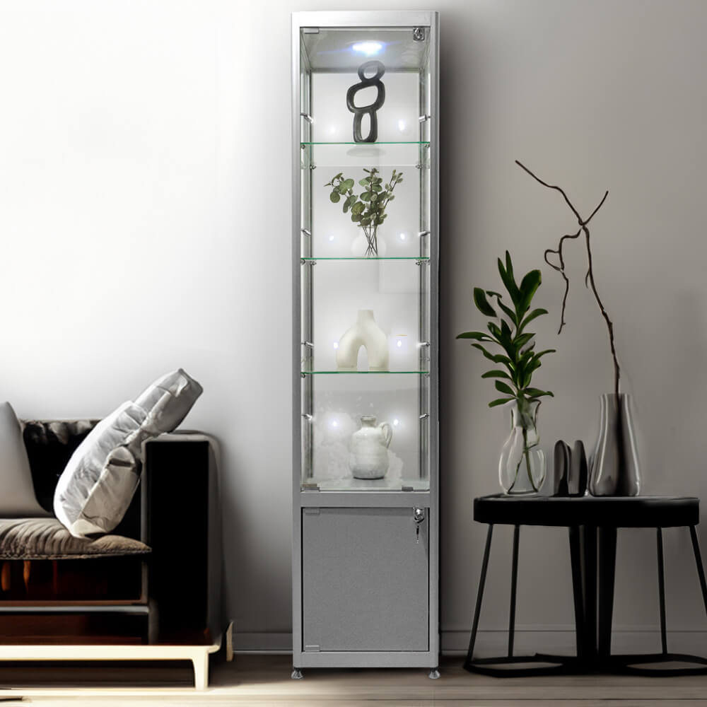 Sleek silver aluminium glass storage display cabinet with a lock, three adjustable shelves, and nine LED lights, measuring 1800mm high by 400mm wide.