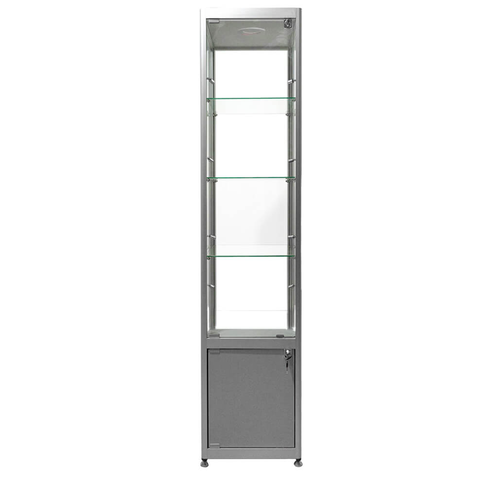 Modern lockable glass storage display cabinet in silver aluminium, featuring three adjustable shelves and nine LED lights, 1800mm H x 400mm W.