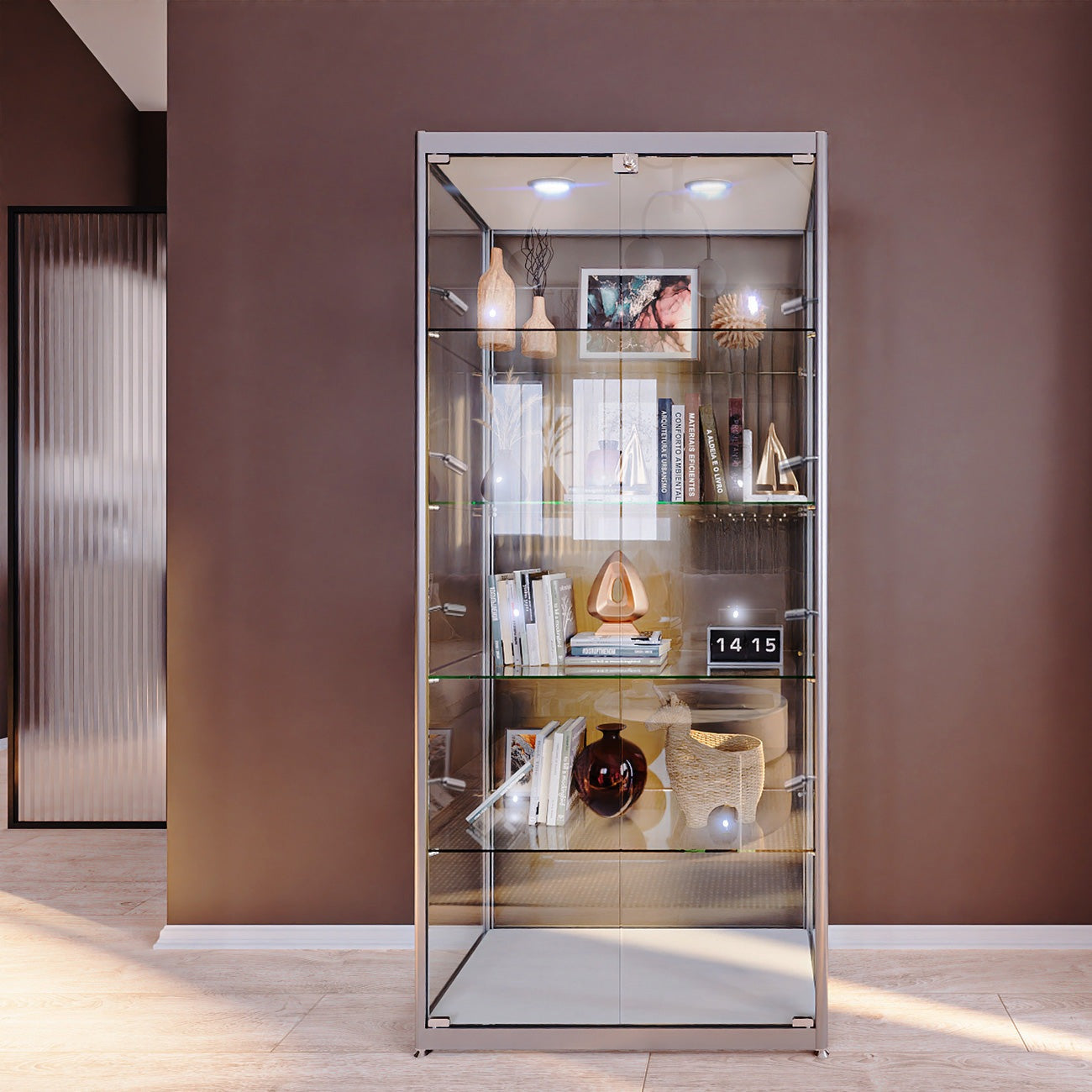 Sleek silver aluminium lockable glass display cabinet with four adjustable shelves and ten LED lights, measuring 1800mm high by 800mm wide.