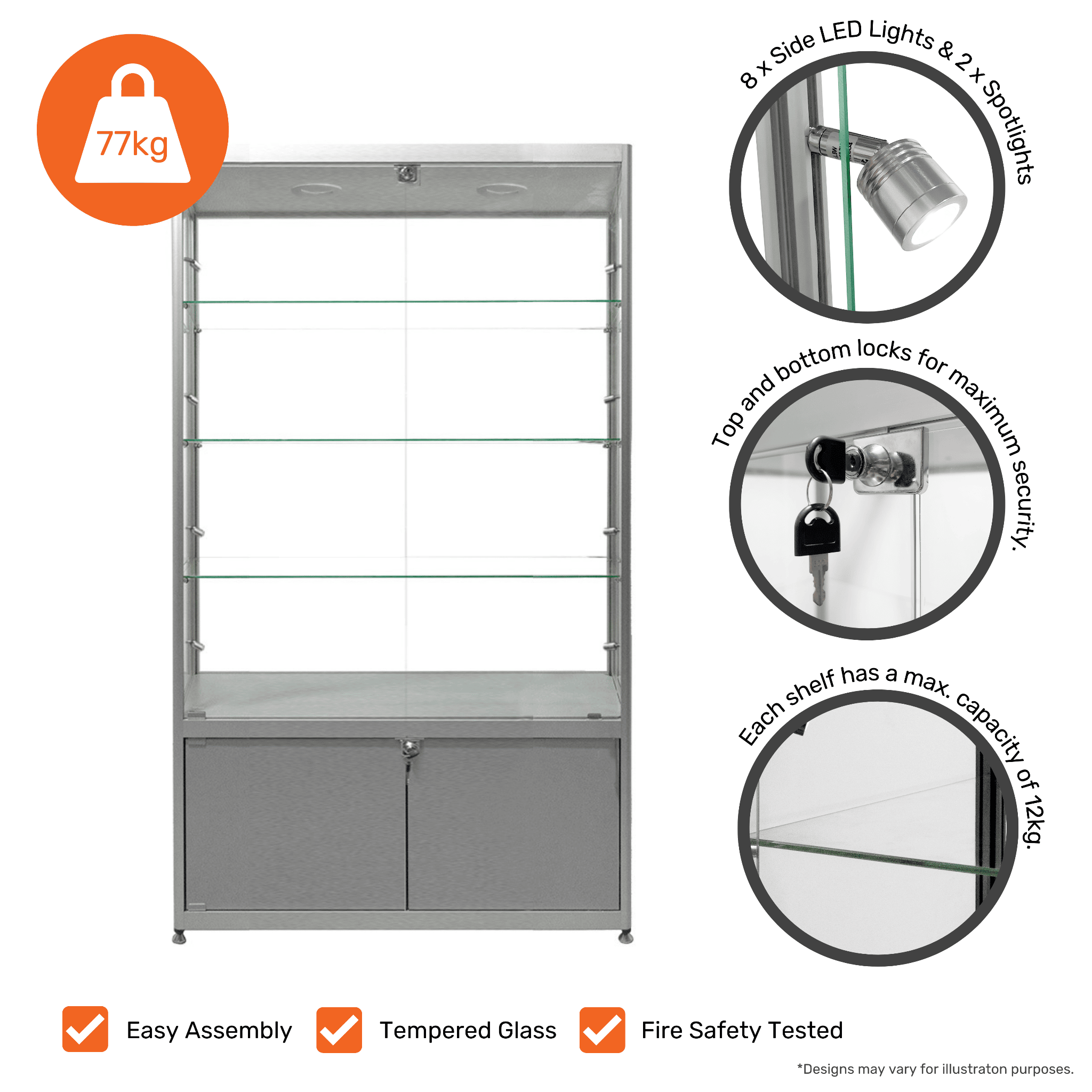 Stylish lockable glass storage display cabinet with a silver aluminium frame, three adjustable shelves, and ten LED lights, 1800mm H x 1000mm W.
