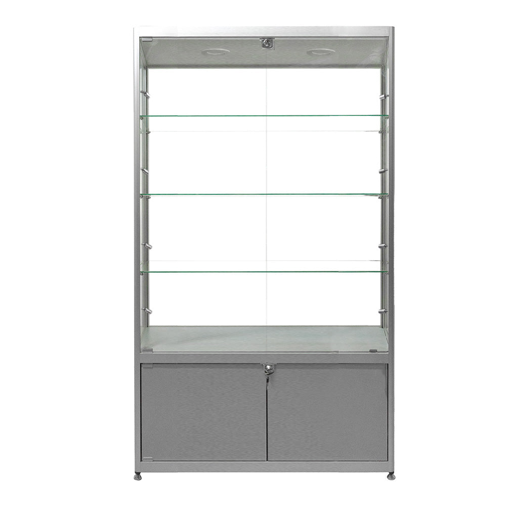 Modern aluminium glass display cabinet in silver, lockable with three adjustable shelves and ten LED lights, dimensions 1800mm x 1000mm.