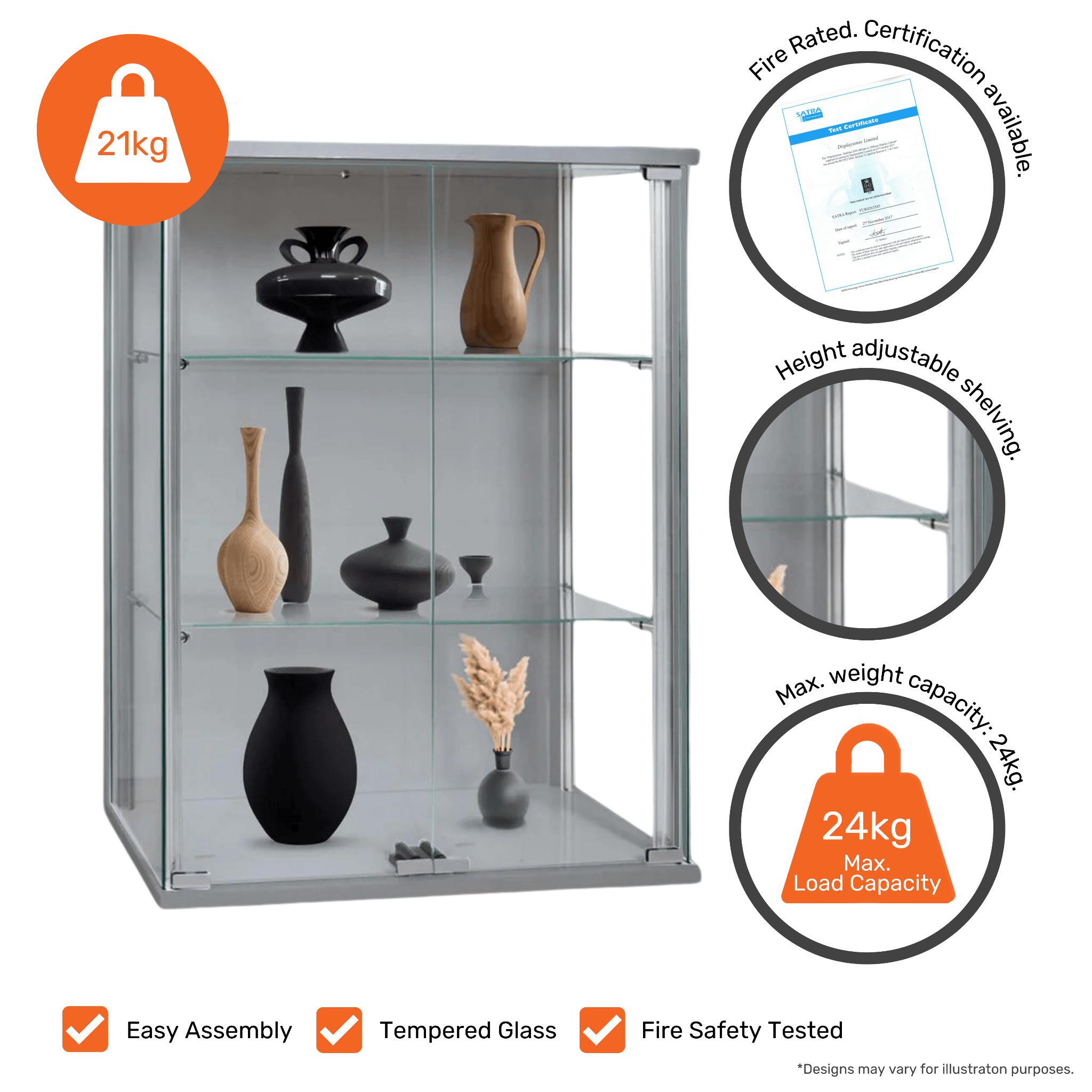 Compact and stylish silver aluminium glass display cabinet with double doors, two adjustable shelves, and a wall-mounted design, 600mm width.
