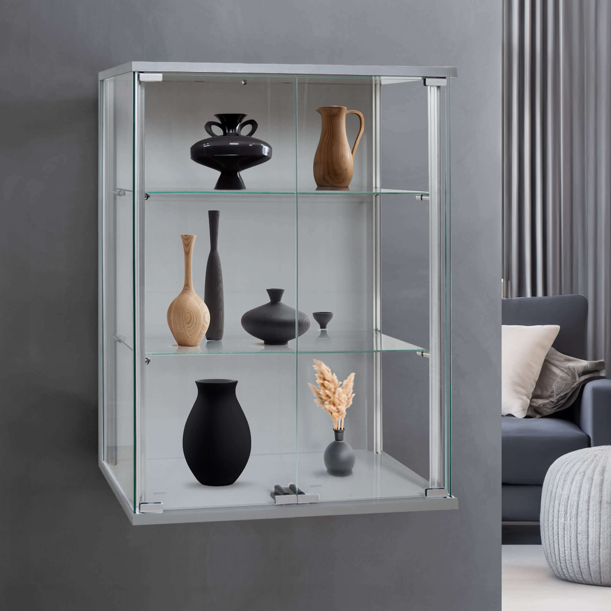 Silver aluminium wall-mounted glass display cabinet with double doors and two adjustable shelves, measuring 600mm wide.