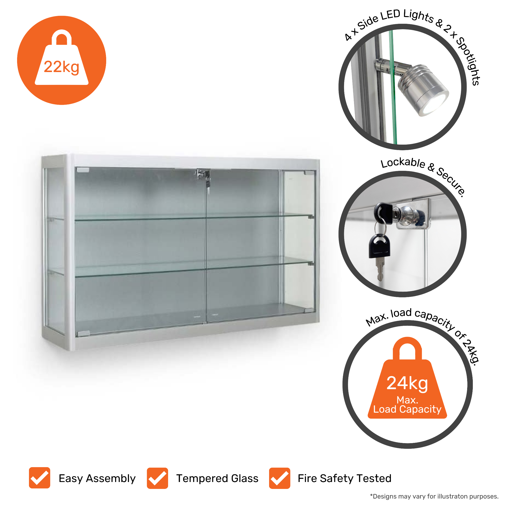 1000mm silver aluminium wall-mounted display cabinet with lockable glass, 2 adjustable shelves, and 6 spotlights, perfect for showcasing items securely.
