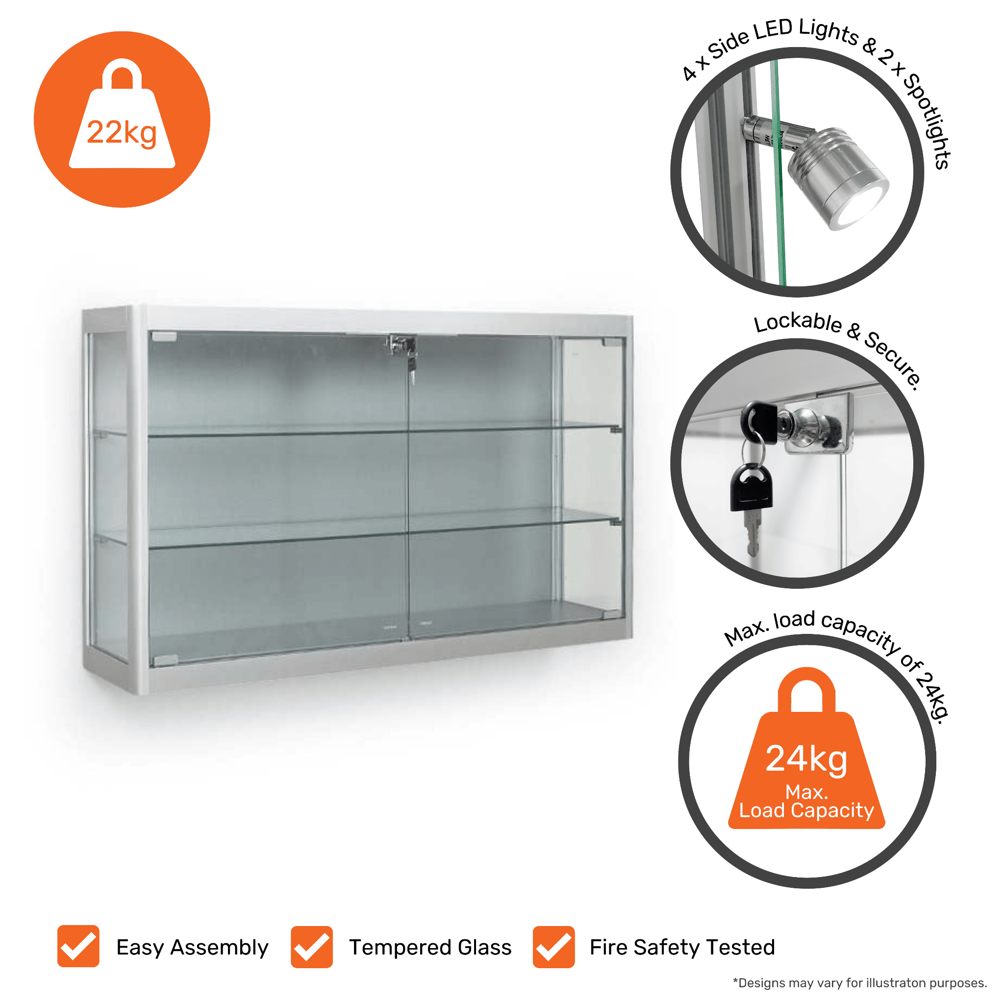 1000mm silver aluminium wall-mounted display cabinet with lockable glass, 2 adjustable shelves, and 6 spotlights, perfect for showcasing items securely.