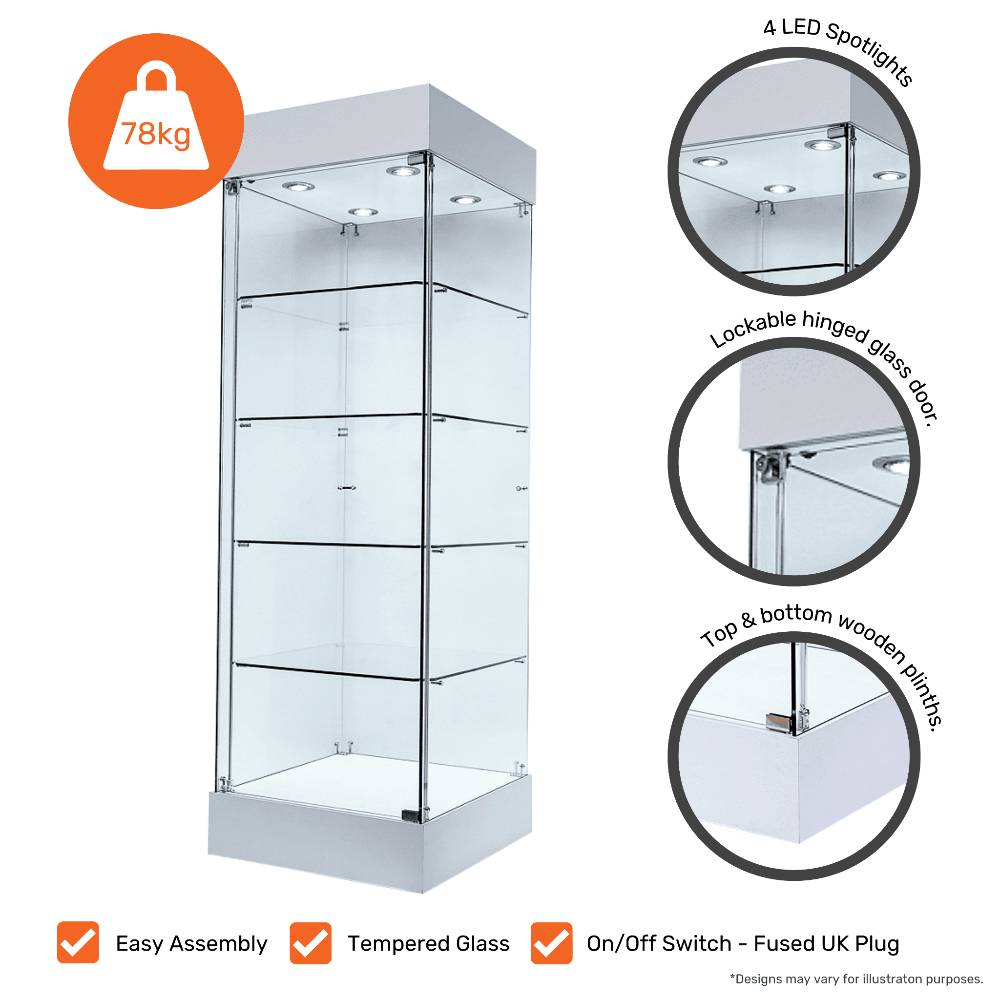 Compact 465mm lockable white wooden display cabinet with a frameless design and a single door for secure storage.
