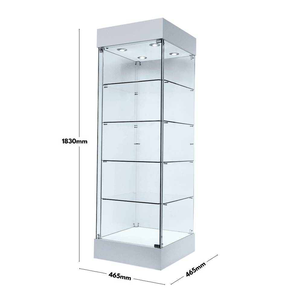 Elegant lockable display cabinet in white wood with a frameless structure, featuring a single door, perfect for showcasing items.
