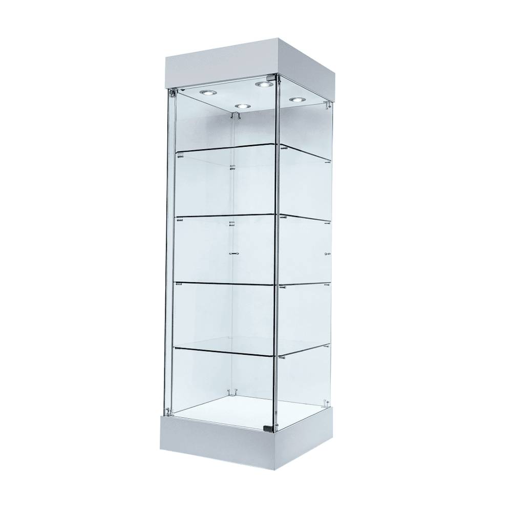 Sleek white wooden display cabinet with a frameless design and lockable single door, measuring 465mm in height.
