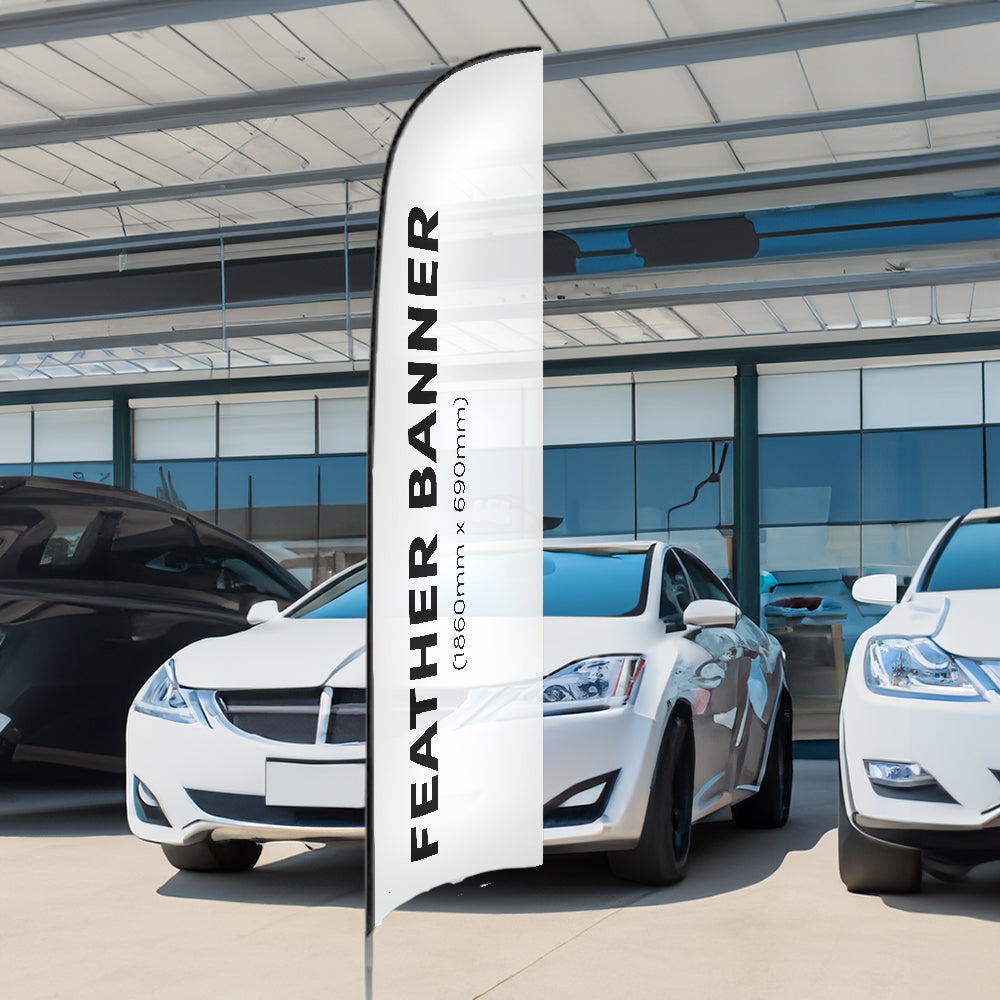 A 2.3m single-sided glass fibre feather flag with a durable drive-on car base, featuring high-quality graphic printing for eye-catching promotional displays.
