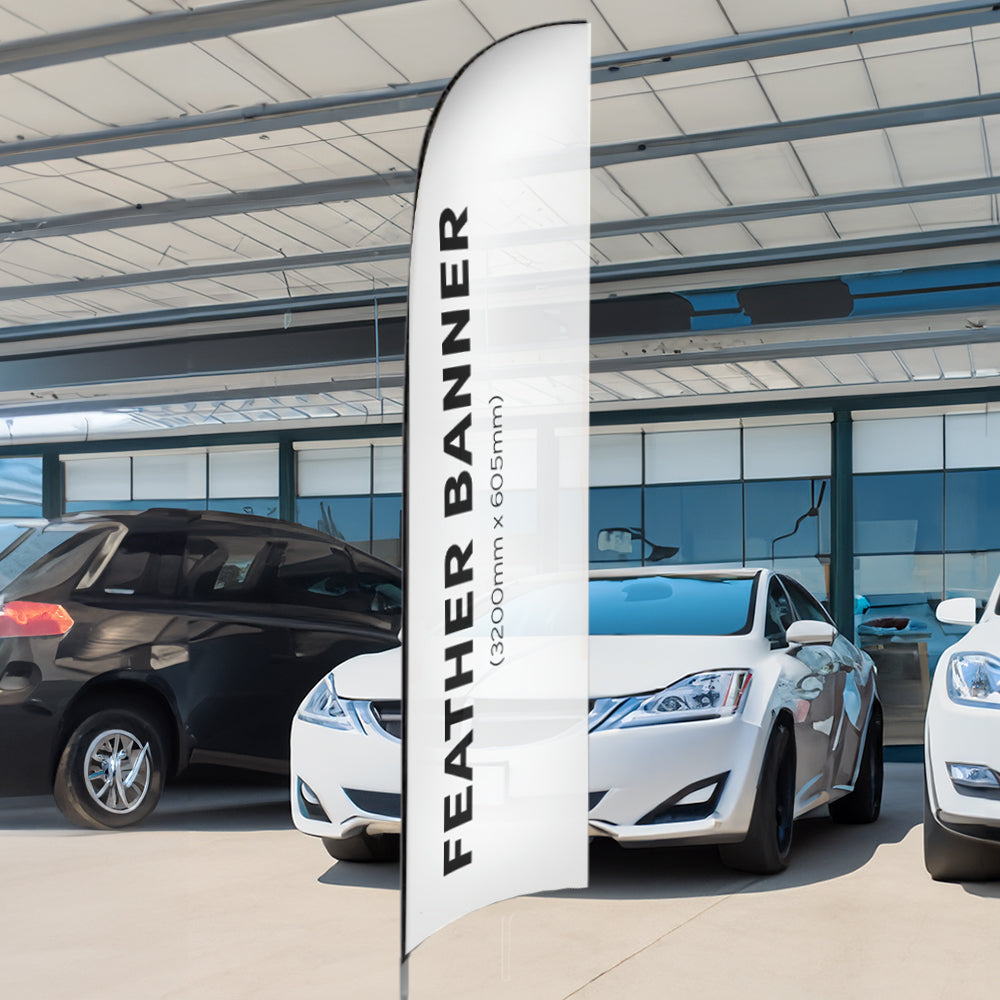 A 3.2m single-sided glass fibre feather flag with a durable drive-on car base, featuring high-quality graphic printing for bold and eye-catching outdoor advertising.
