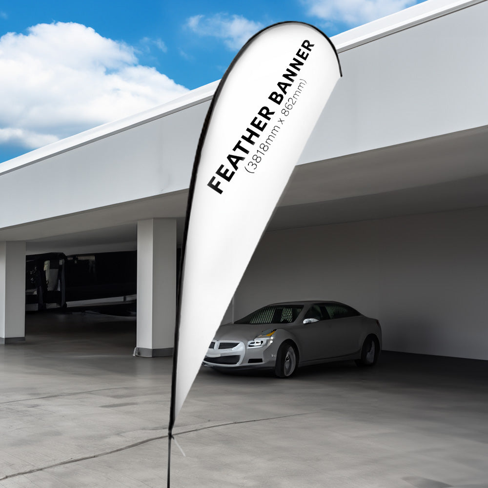 A 5m single-sided glass fibre teardrop flag with a sturdy drive-on car base, featuring high-quality graphic printing for impactful outdoor branding and advertising.
