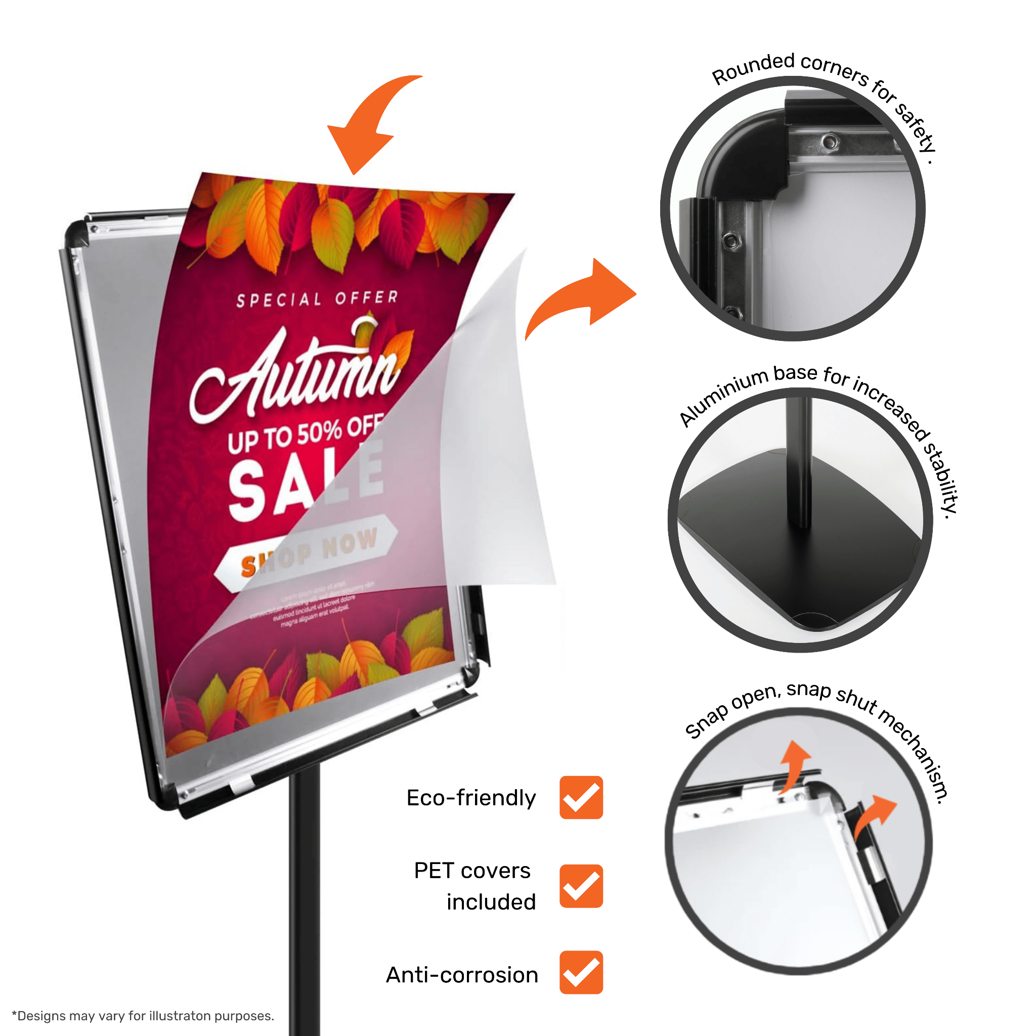 Modern floor-standing snap frame stand with a 25mm mitred frame and adjustable orientation, ideal for posters.
