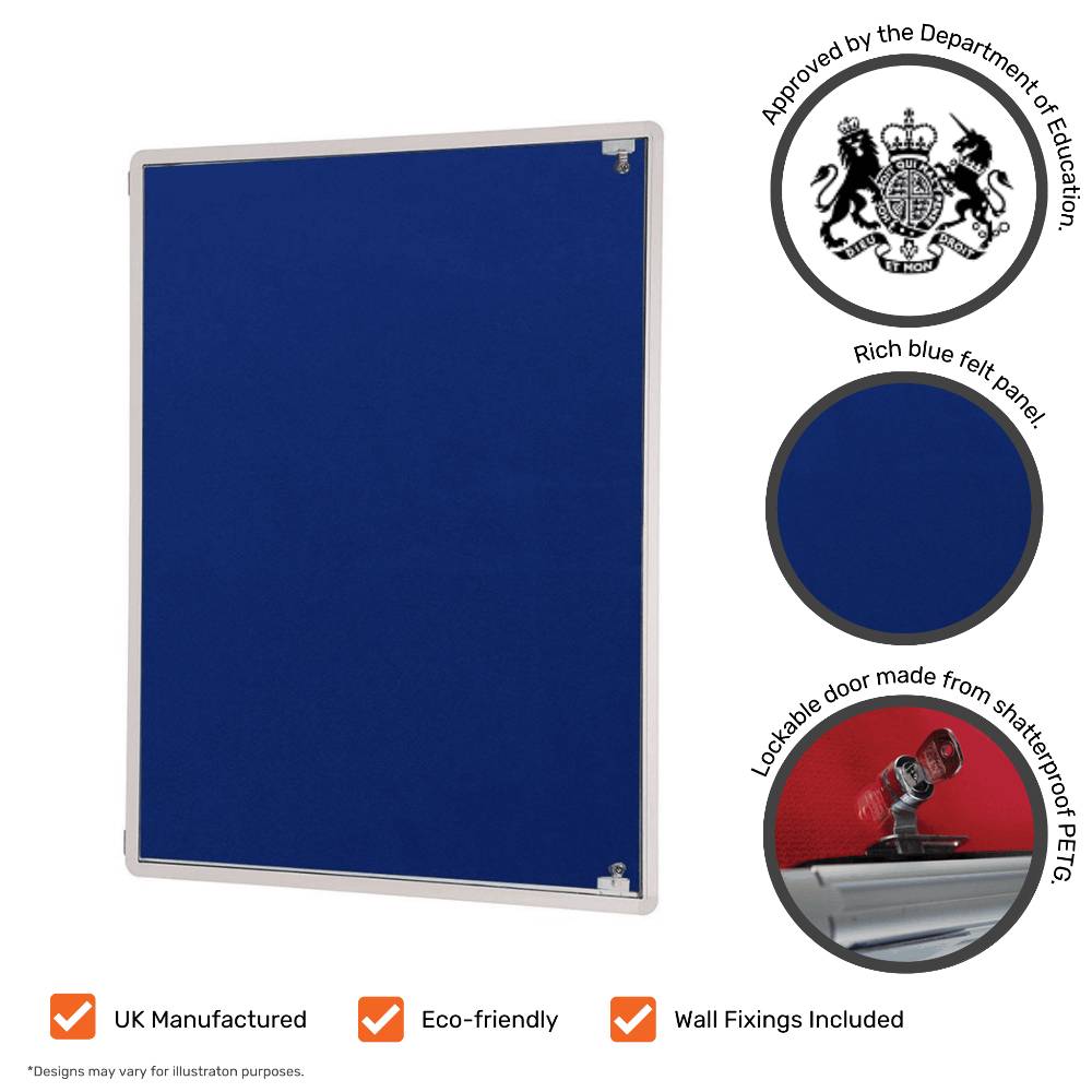 Tamperproof dark blue felt noticeboard, designed to securely display notices and information.
