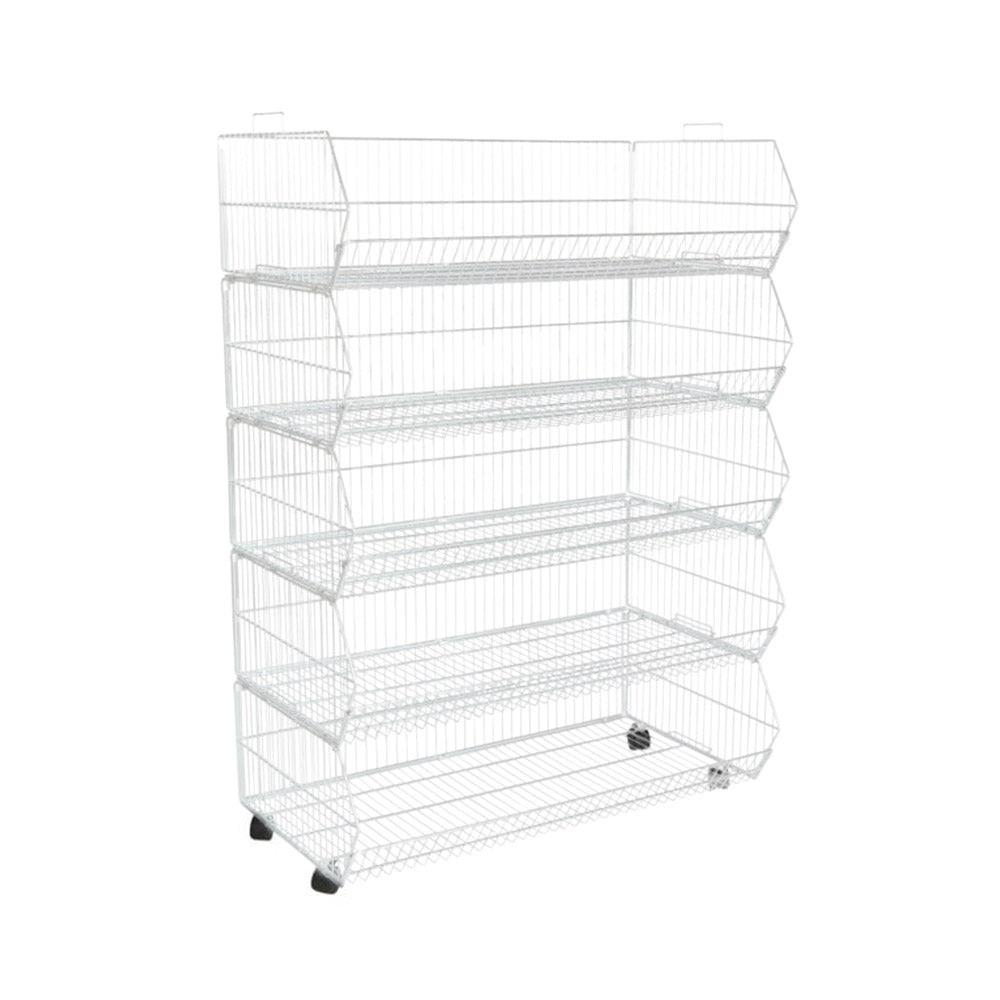 White 5-tier collapsible stacking baskets made from rust-resistant steel, featuring detachable castors, measuring 1000mm wide, 1530mm high, and 430mm deep.