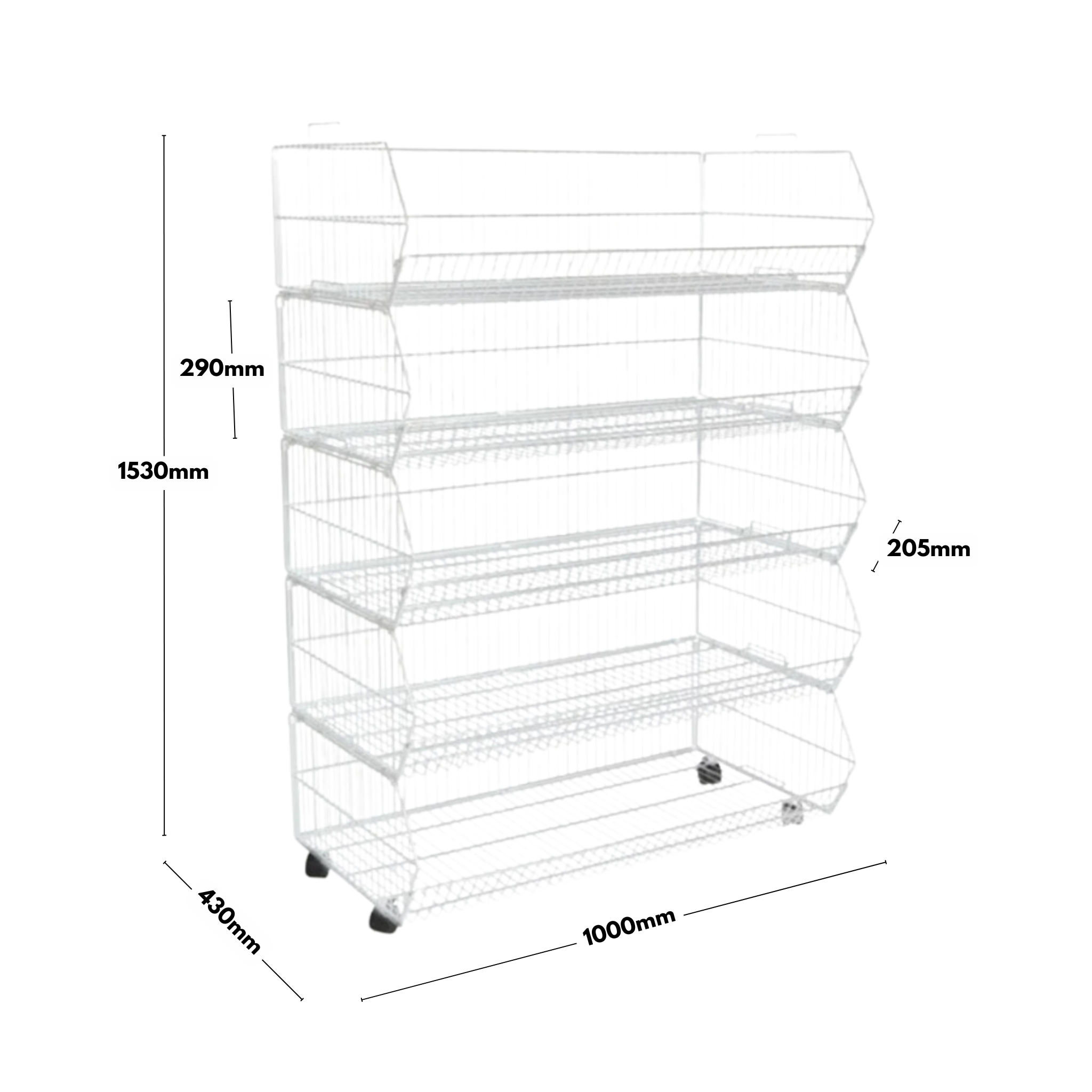 Versatile white steel stacking baskets with five collapsible tiers, rust-resistant construction, and detachable castors, measuring 1000mm wide by 1530mm high.