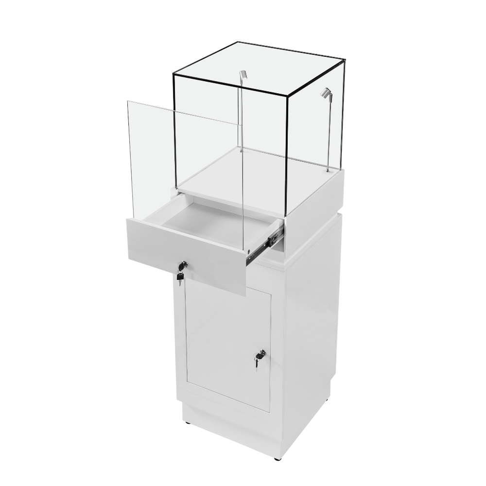 This lockable wooden display plinth in white features two bright LED lights, a discreet storage drawer, and an internal shelf, providing both security and style for presentations.
