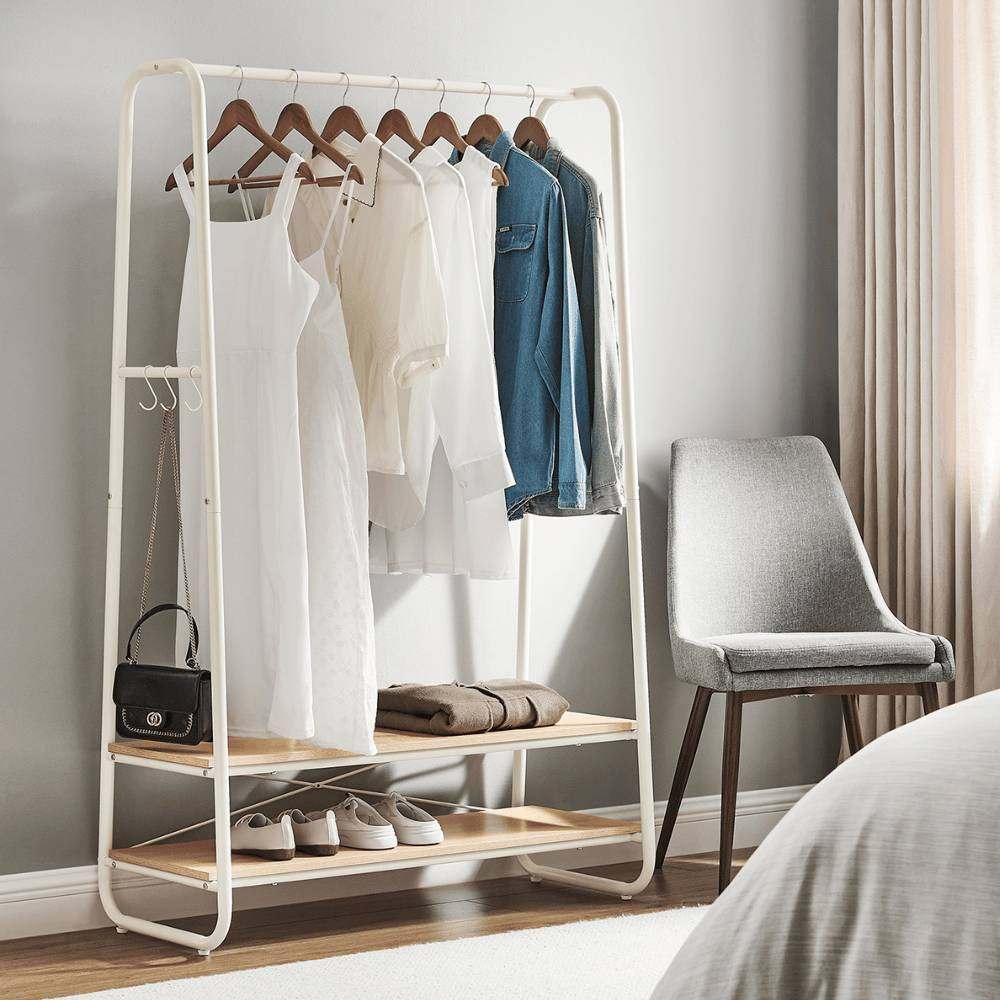 White steel clothes rail with light wooden shelves and hooks, perfect for stylish and functional storage.
