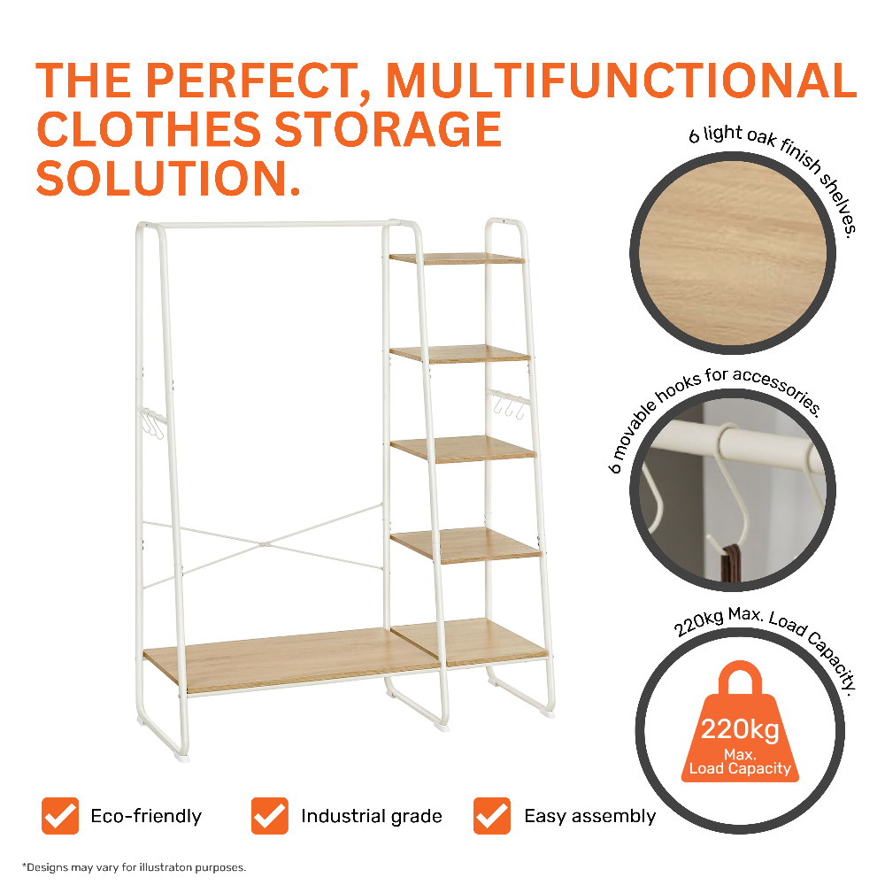 Modern white steel clothes rail with five-tier wooden shelving and side hooks, offering versatile storage solutions.
