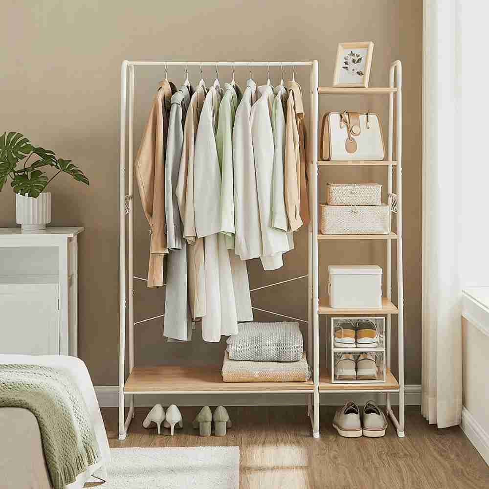 White steel clothes rail with a five-tier light wood shelving unit and hooks, perfect for stylish and practical storage.
