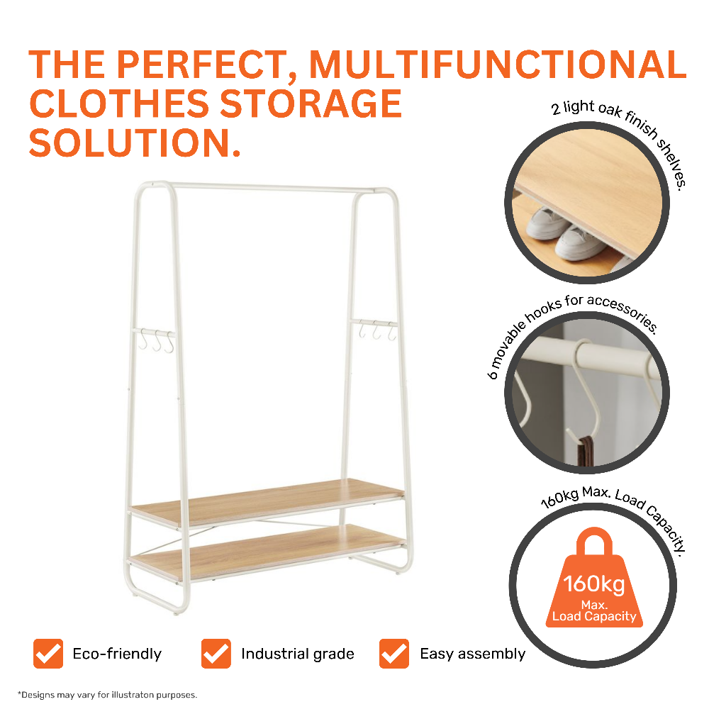 Modern white steel clothes rail with wooden shelving and side hooks, offering versatile storage solutions.
