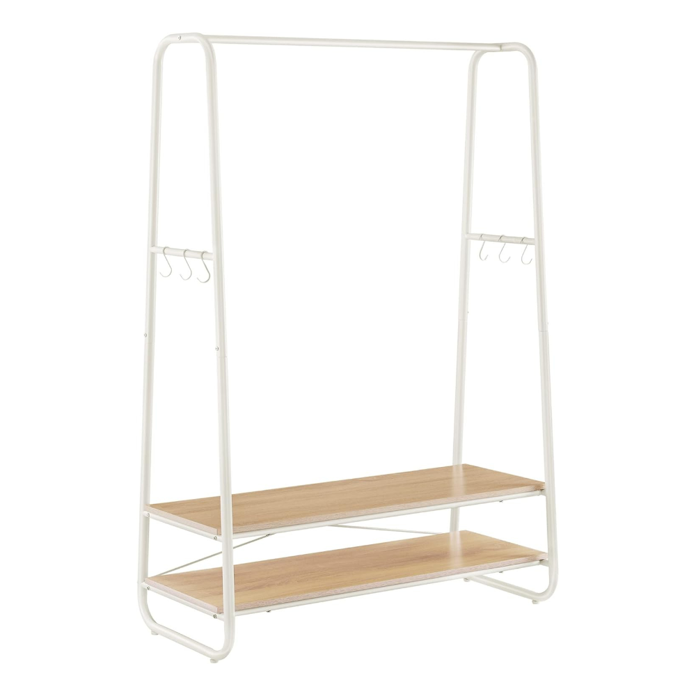 Durable white steel clothing rack featuring light wood shelves and hooks, ideal for organising garments and accessories.
