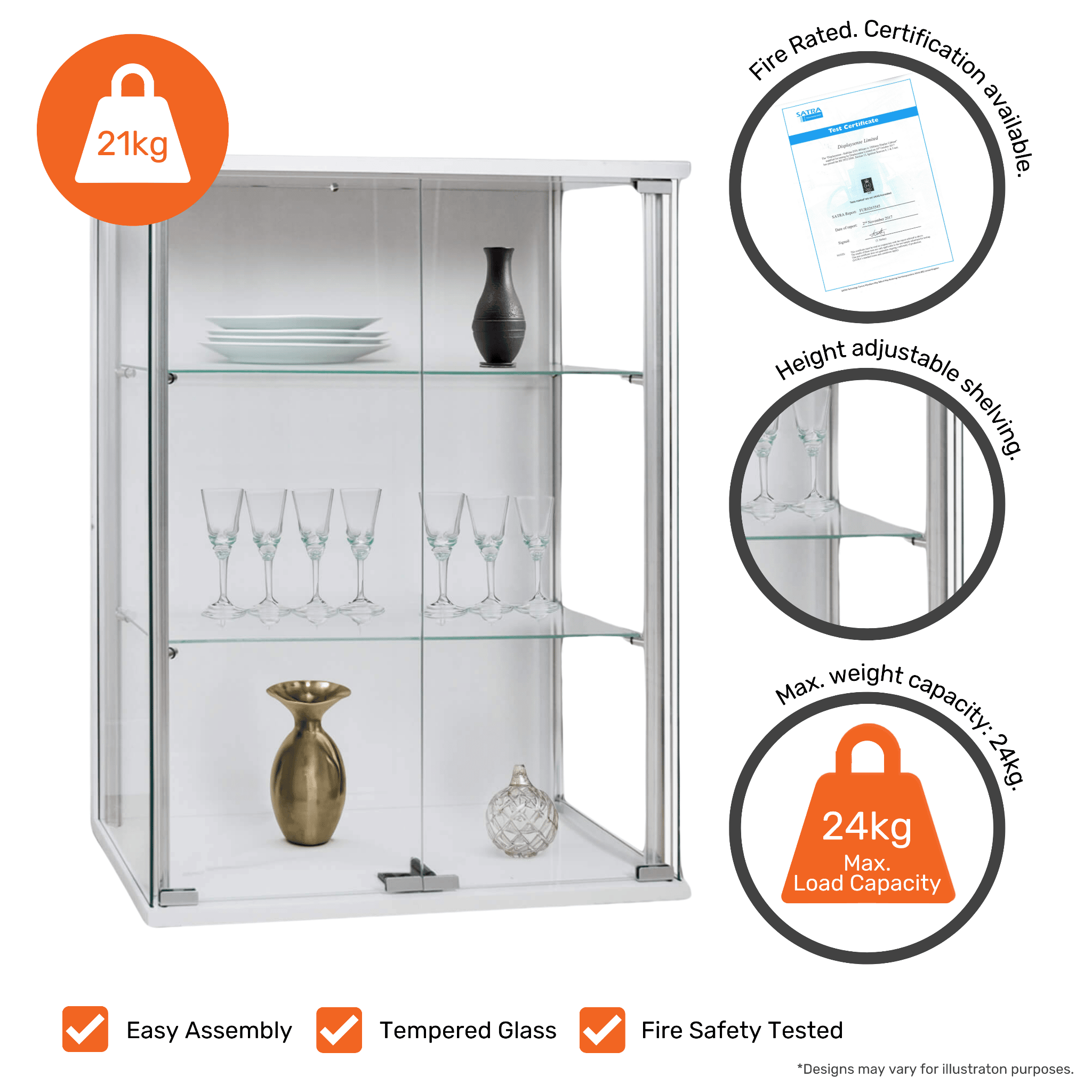 Compact and elegant white display cabinet with wall-mounted design, double doors, and two adjustable shelves, 600mm width.
